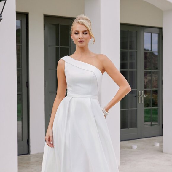 New One Shoulder White Wedding Tea Lenght Satin Gown w/ Side Pockets NX JE931W - Picture 1 of 8